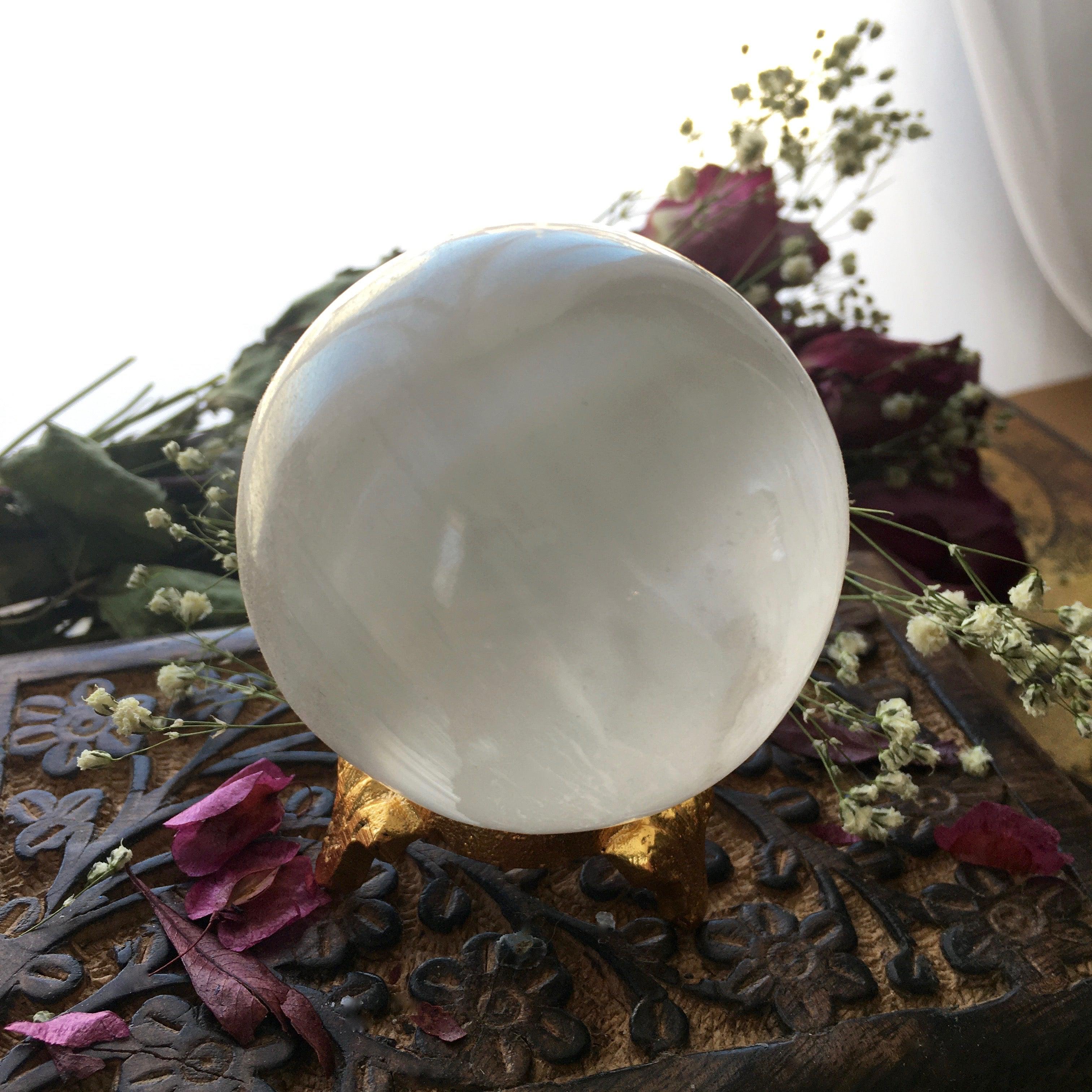 Selenite Crystal Sphere - Full Moon & Goddess Energy, selenite sphere - SugarMuses