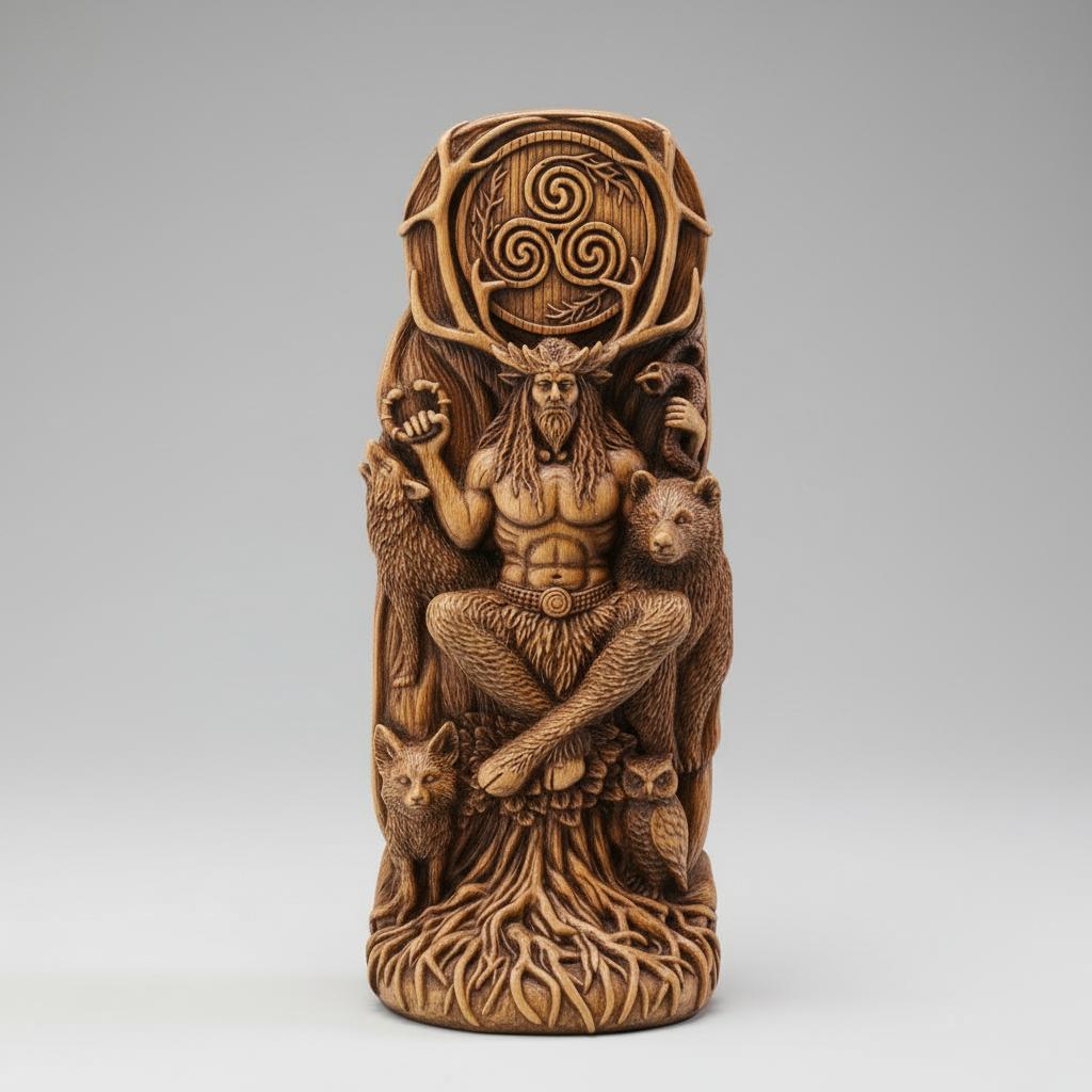 Carved wooden figure on a dark surface with a blurred background
