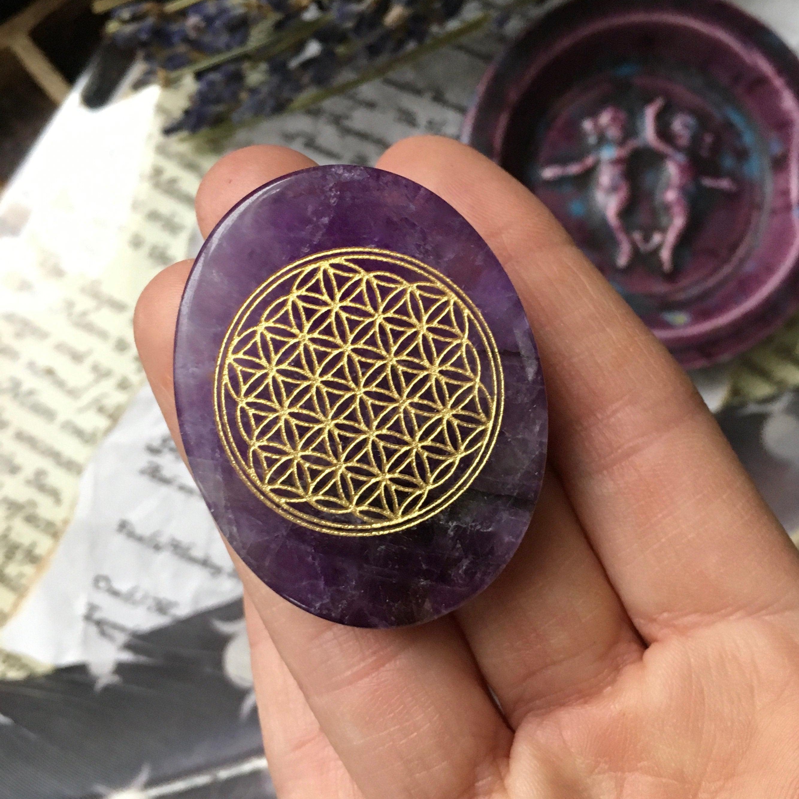 Amethyst Flower of Life, flower of life pocket gemstone - SugarMuses