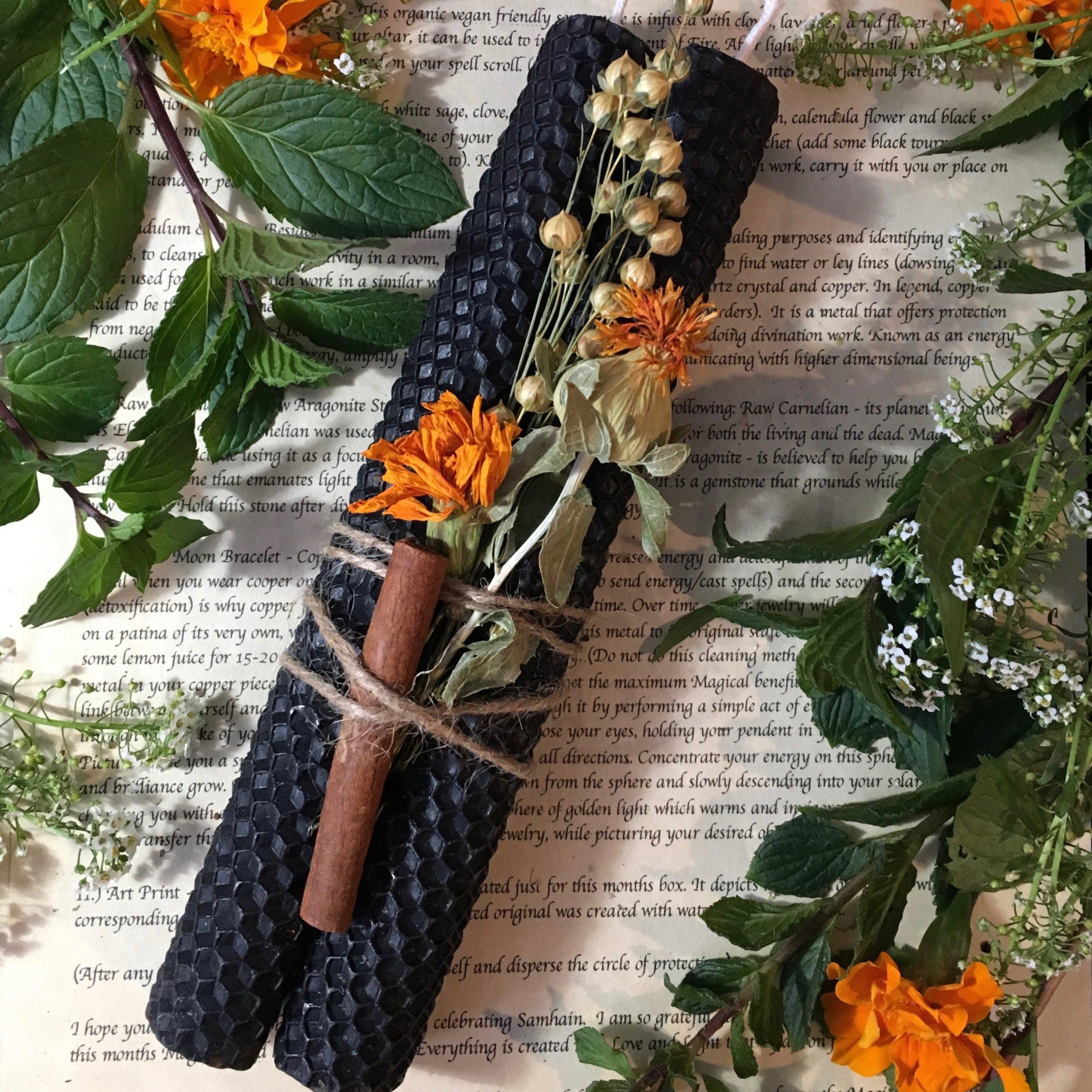 Black Beeswax Candles with Dried Flowers - Handrolled Gift Bundle, beeswax candles - SugarMuses