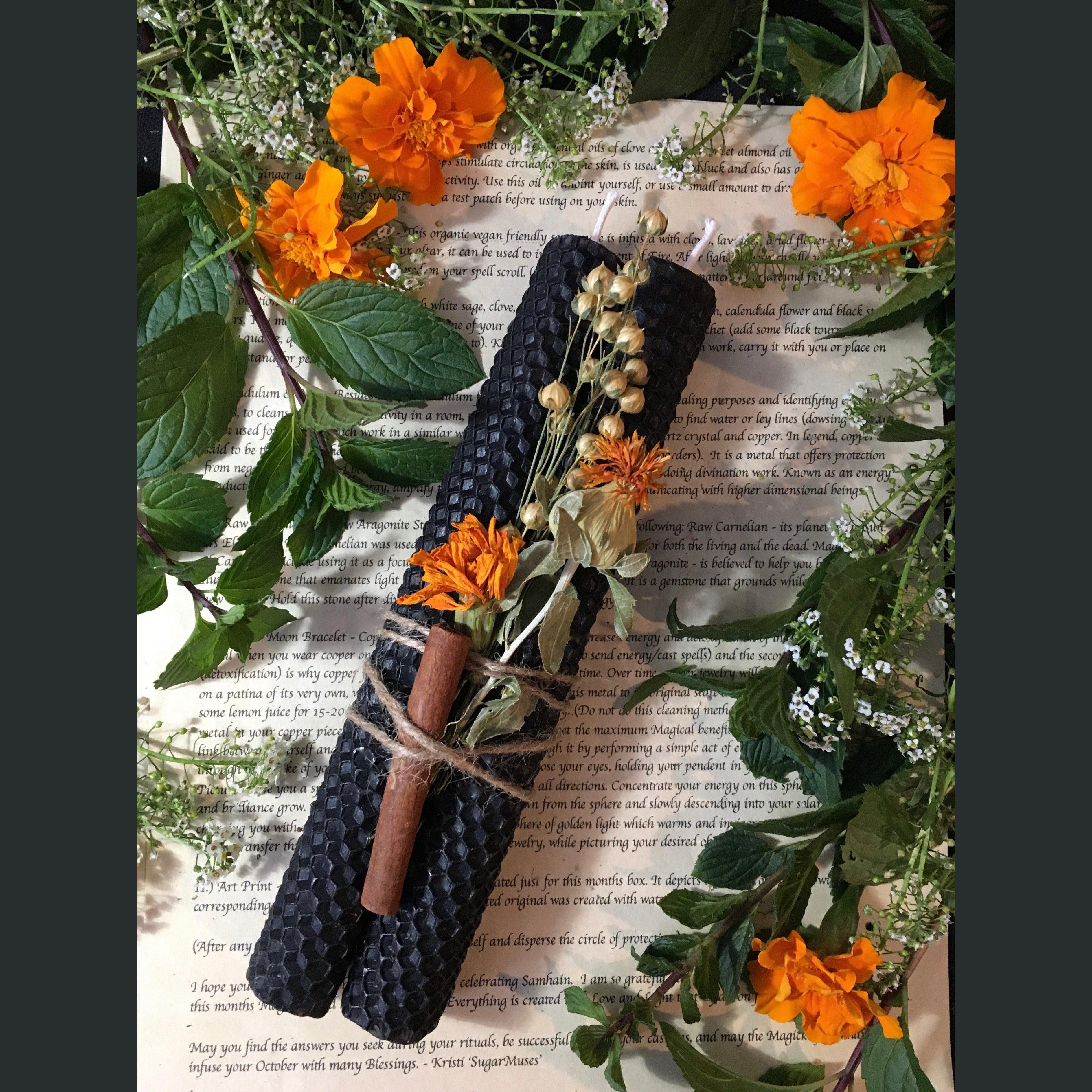 Black Beeswax Candles with Dried Flowers - Handrolled Gift Bundle, beeswax candles - SugarMuses