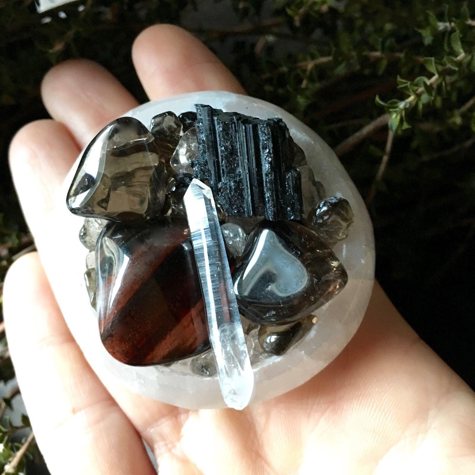 Protection Gemstone Collection in a beautiful Selenite Bowl, selenite bowl - SugarMuses